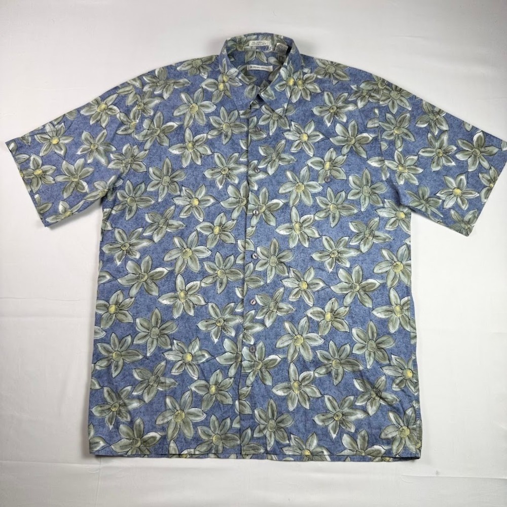 Vintage Burma Bibas Button Shirt Blue Floral 60 Singles Cotton Lawn Mens L